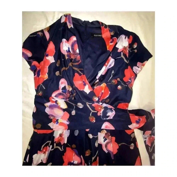 Ellen Tracy Blue Floral A Line Dress Lined Short Sleeve - Picture 4 of 11